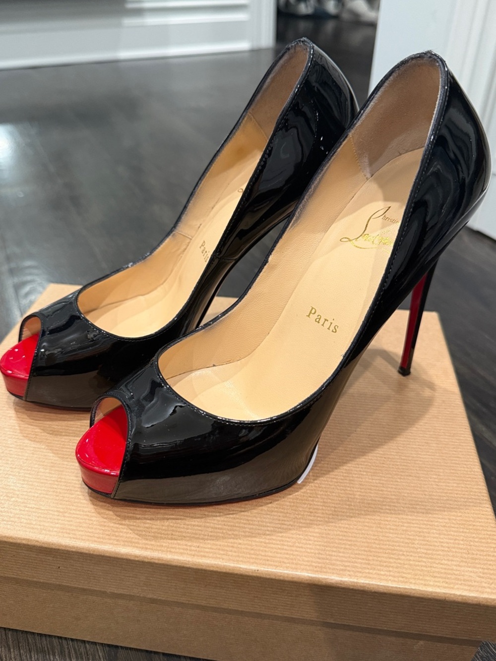 Christian Louboutin Black Patent Peep-Toe Pumps with Red Toe and Red Soles